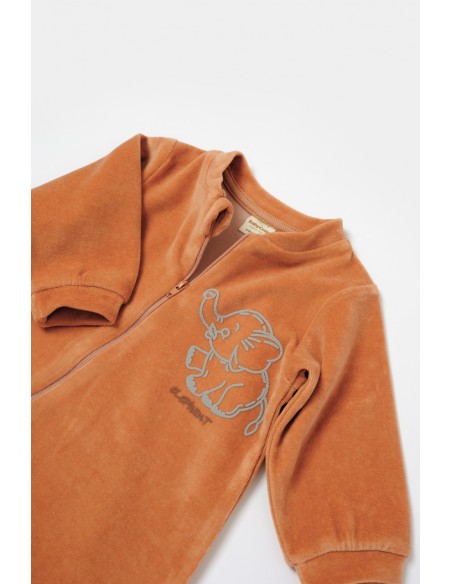Salopeta Elefant cu maneca lunga din 80%bumbac organic si 20% poliester - Caramiziu, BabyCosy (Marime: 12-18 Luni)