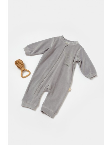 Salopeta Elefant cu maneca lunga din 80%bumbac organic si 20% poliester - Gri, BabyCosy (Marime: 6-9 luni)