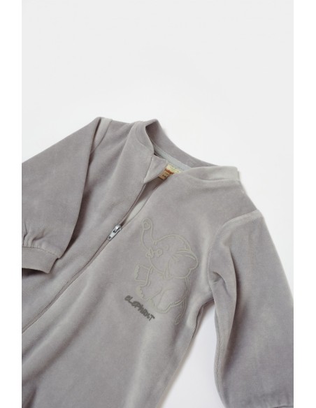 Salopeta Elefant cu maneca lunga din 80%bumbac organic si 20% poliester - Gri, BabyCosy (Marime: 9-12 luni)