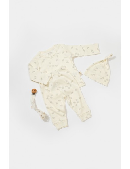Set 3 piese:bluza, pantaloni si caciulita Printed, BabyCosy, 50% modal+50% bumbac, Ecru (Marime: 3-6 Luni)