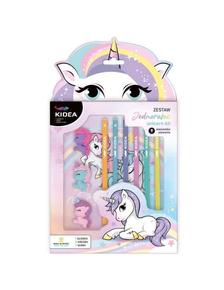 Set 6 creioane colorate si 3 radiere unicorn, Derform, Multicolor, Unicorn ZOGUKA