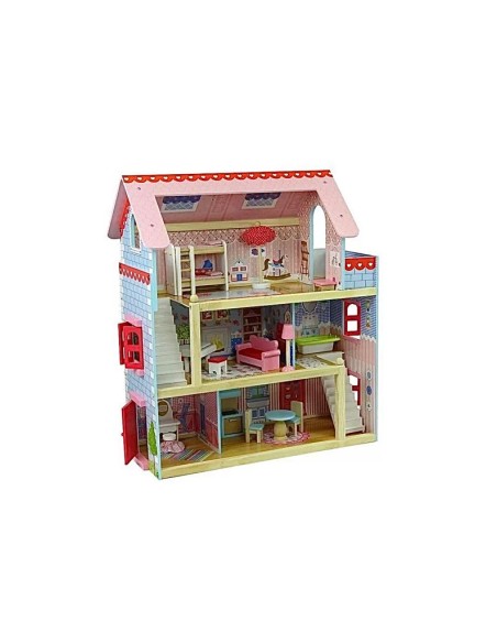 Casuta de papusi din lemn, cu doua etaje, balcon si mobilier, LeanToys