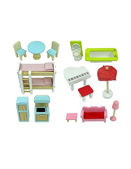 Casuta de papusi din lemn, cu doua etaje, balcon si mobilier, LeanToys