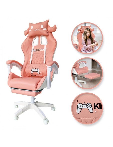 Scaun de gaming roz, pentru fetite, cu perna lombara si suport picioare, 64x116-123 cm, KIDS ZONE KO27R