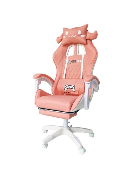 Scaun de gaming roz, pentru fetite, cu perna lombara si suport picioare, 64x116-123 cm, KIDS ZONE KO27R