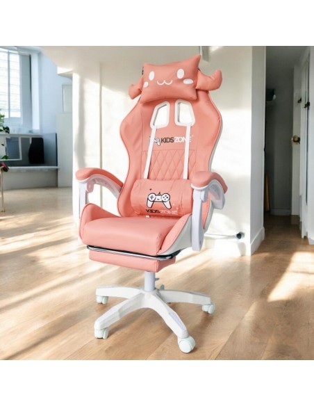 Scaun de gaming roz, pentru fetite, cu perna lombara si suport picioare, 64x116-123 cm, KIDS ZONE KO27R