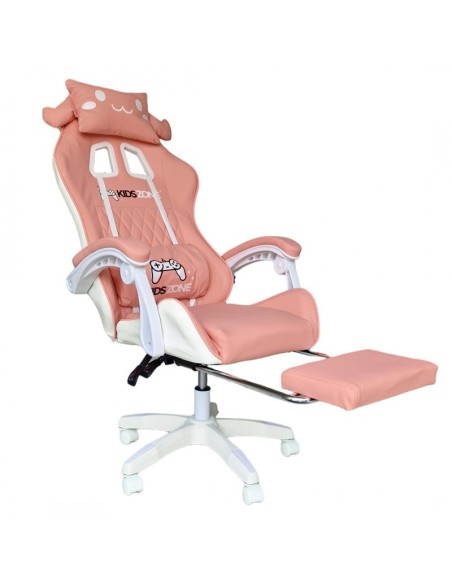 Scaun de gaming roz, pentru fetite, cu perna lombara si suport picioare, 64x116-123 cm, KIDS ZONE KO27R