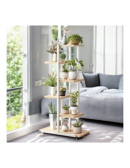 Suport pentru ghivece de flori si plante, raft modern, alb și maro, JollyMag, SZ16B, 113x60x20cm